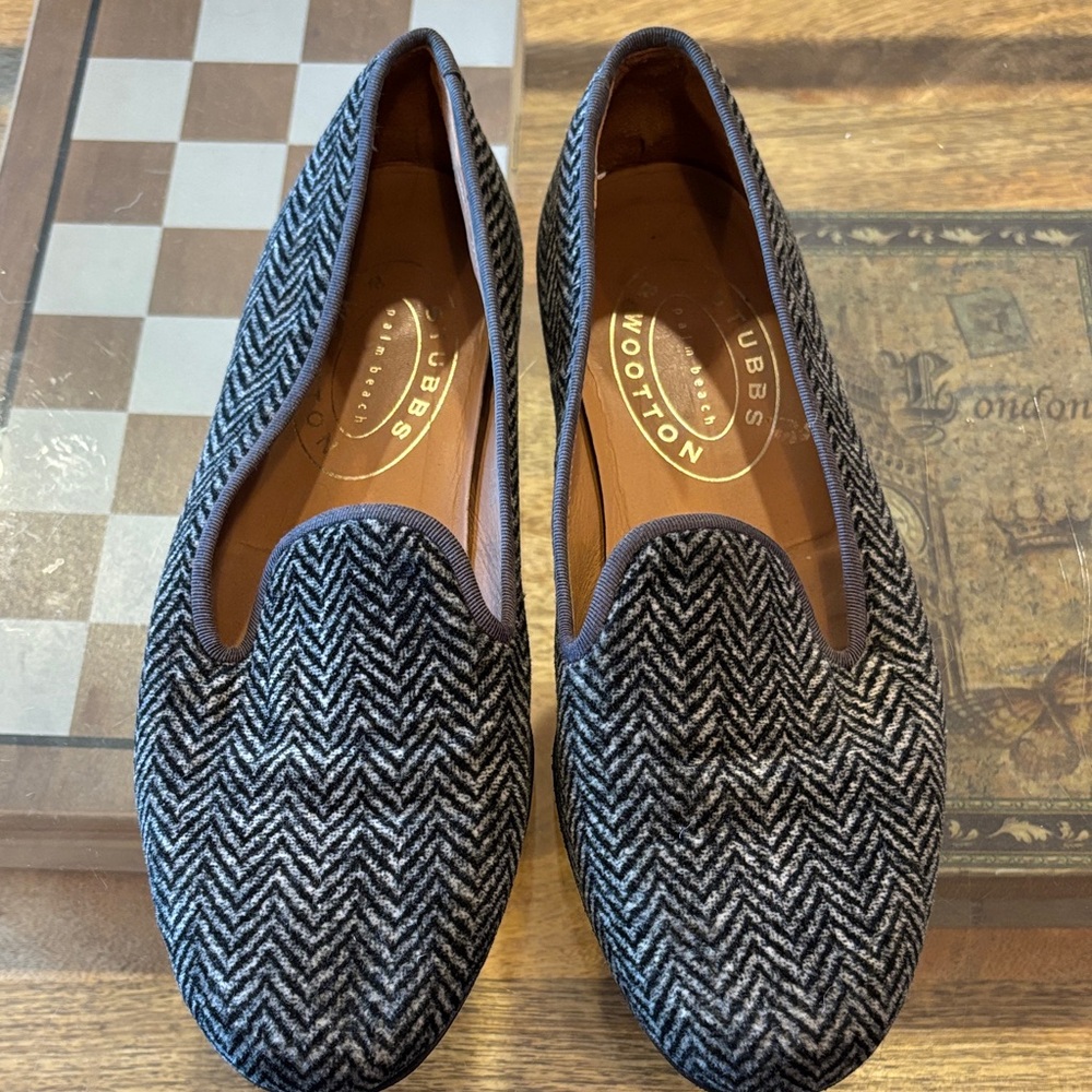 Stubbs & Wootton Black and White Herringbone Loafers